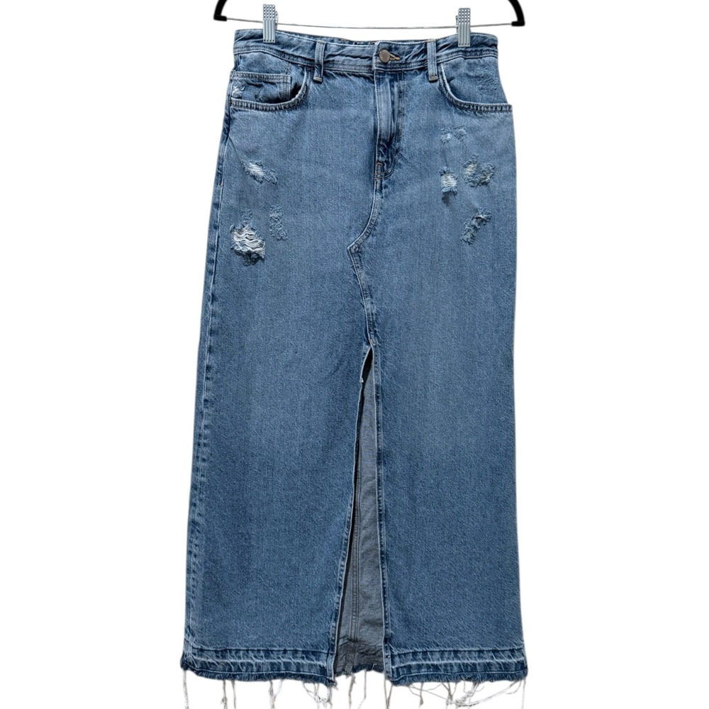Zara Women Denim Split Front Maxi Skirt Sz S Blue Distressed Frayed Hem